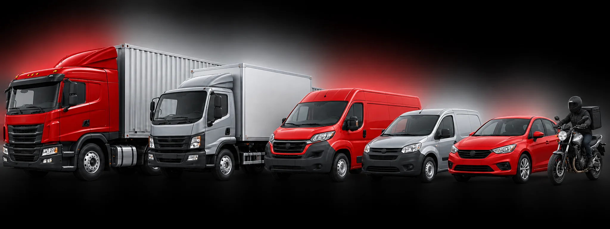 Composição ilustrativa de uma frota empresarial: carreta, caminhão-baú, furgão, utilitário, carro e moto de entrega